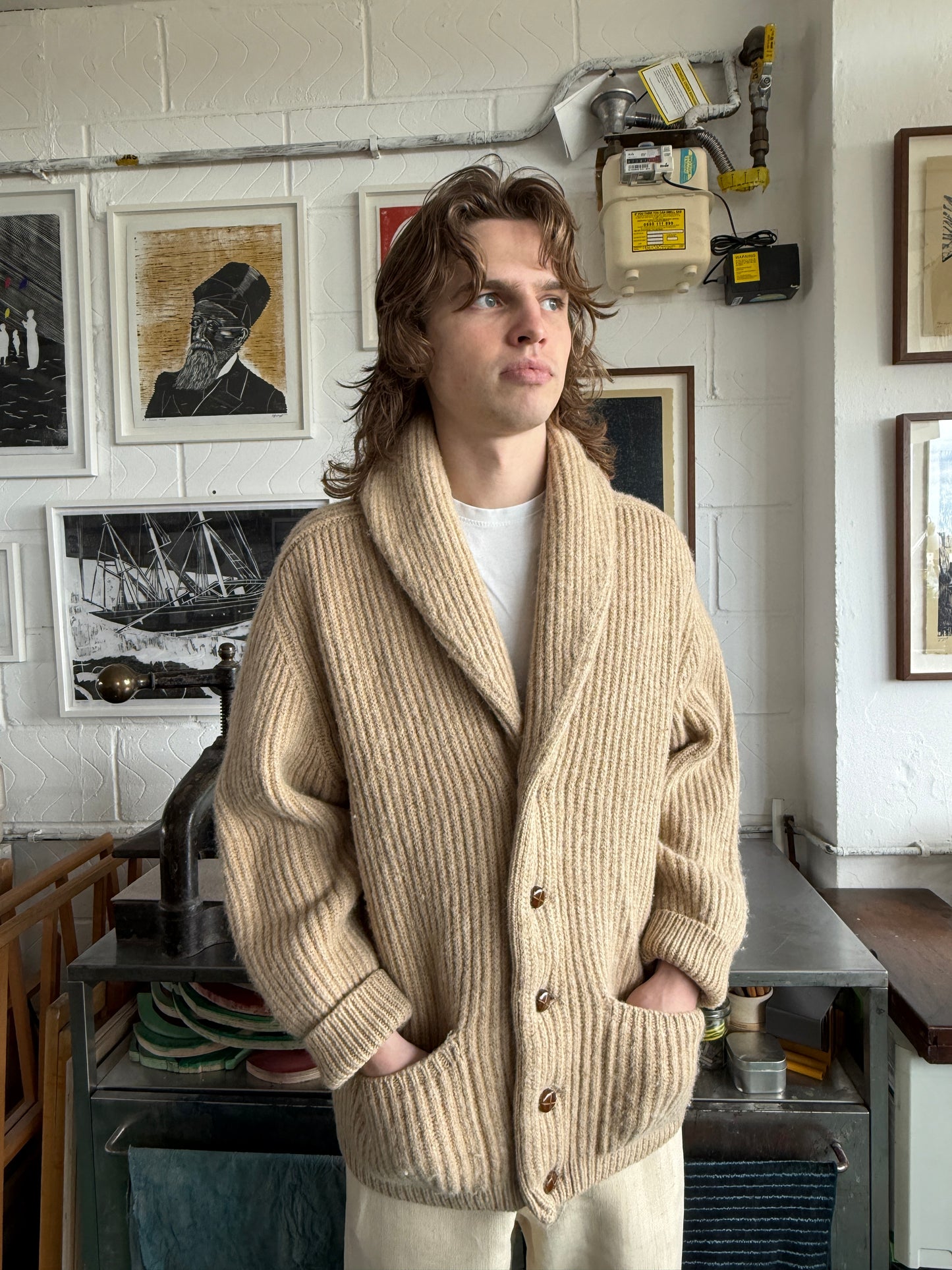 1940S SCOTTISH SHAWL COLLAR WOOL CARDIGAN