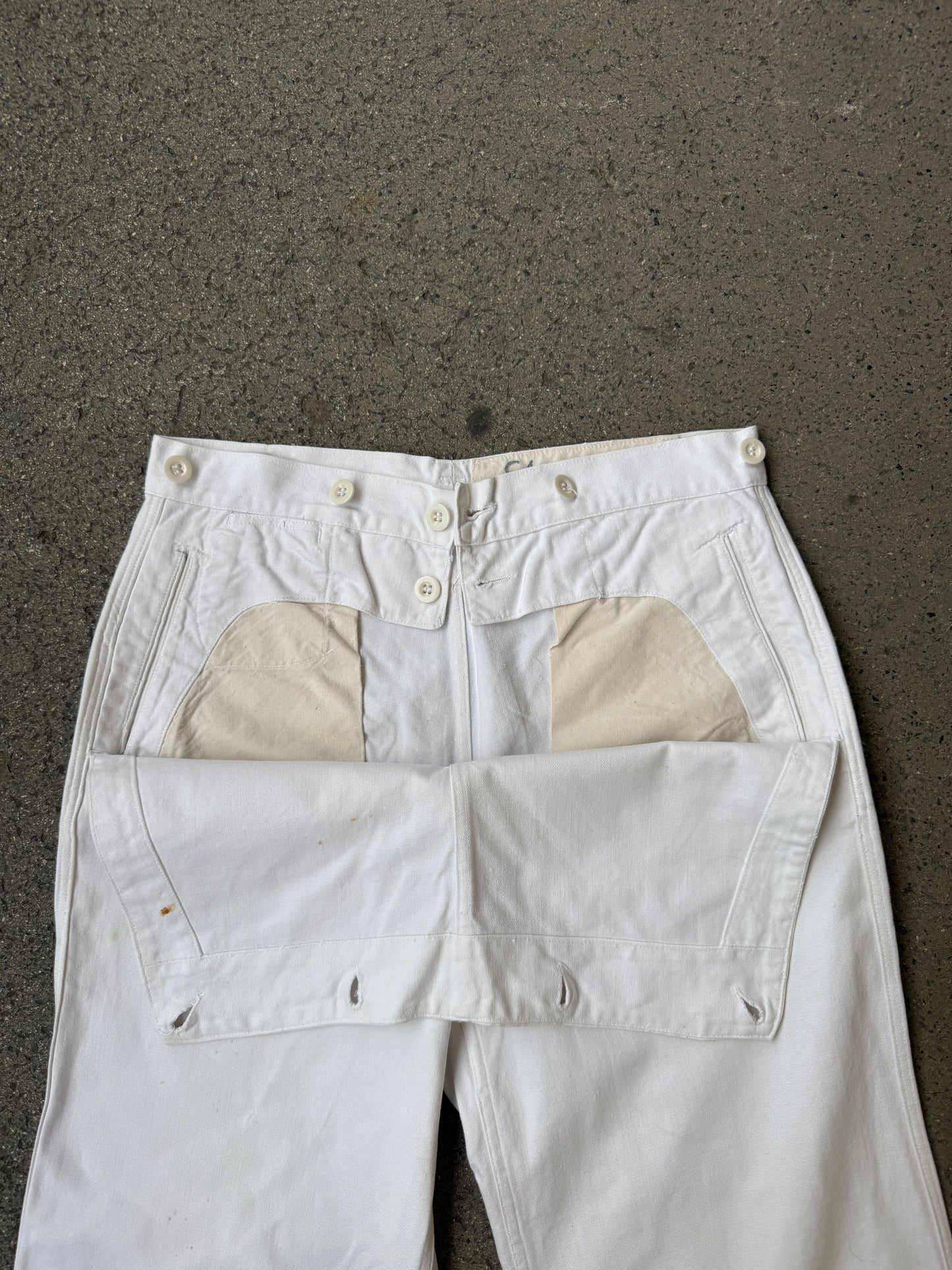 1965 DATED WHITE COTTON DENIM SAILOR TROUSERS