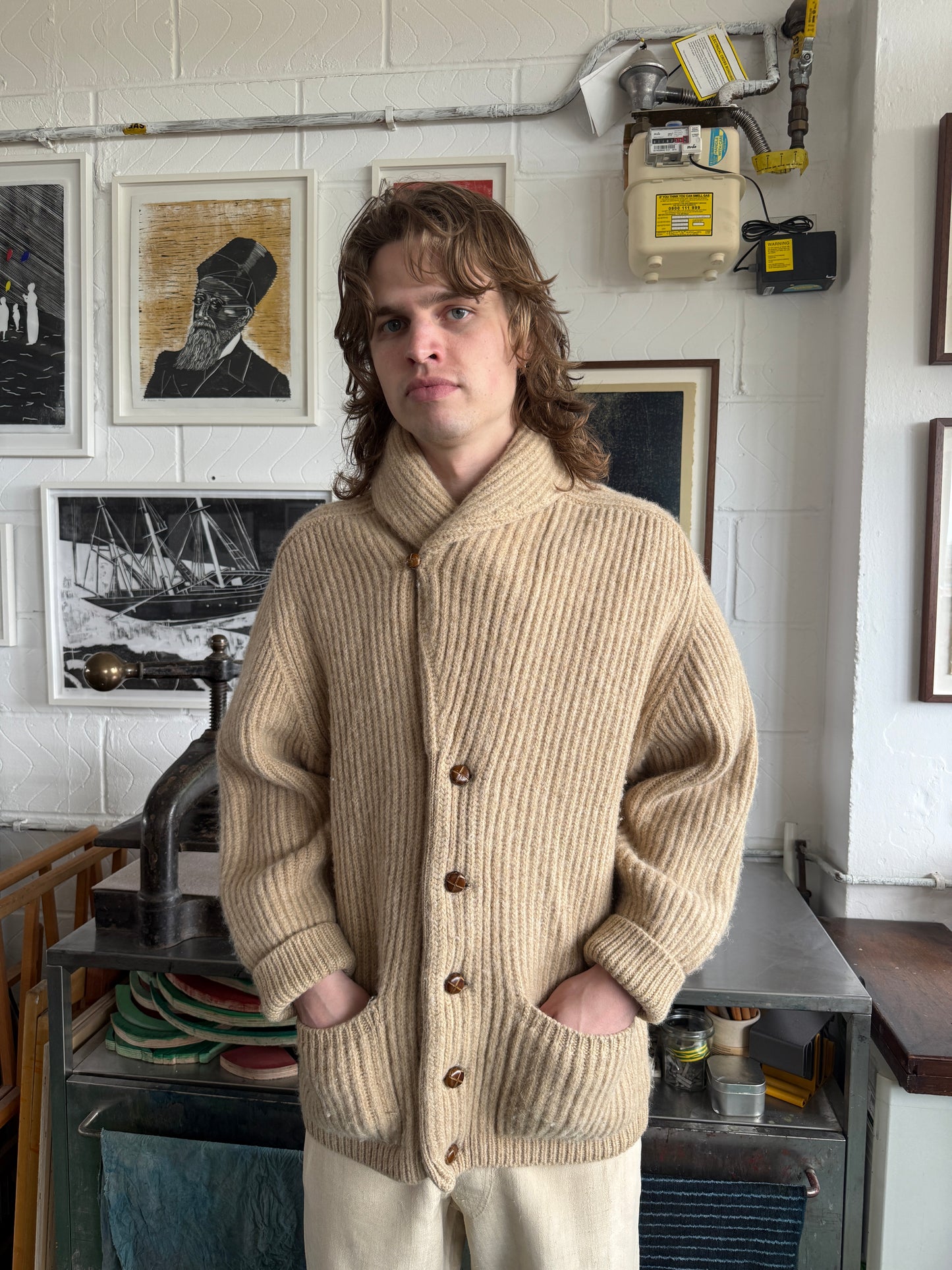 1940S SCOTTISH SHAWL COLLAR WOOL CARDIGAN