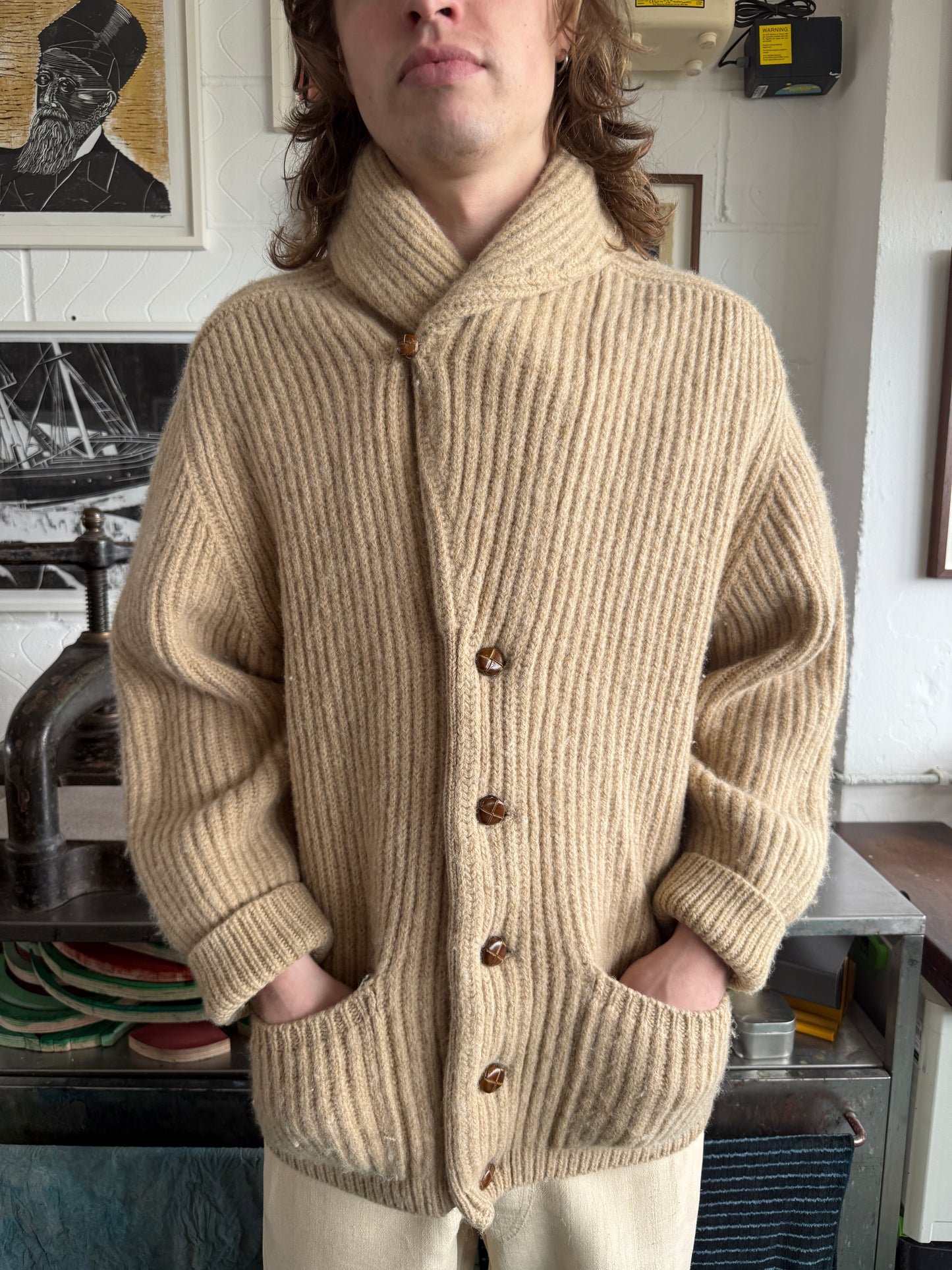 1940S SCOTTISH SHAWL COLLAR WOOL CARDIGAN