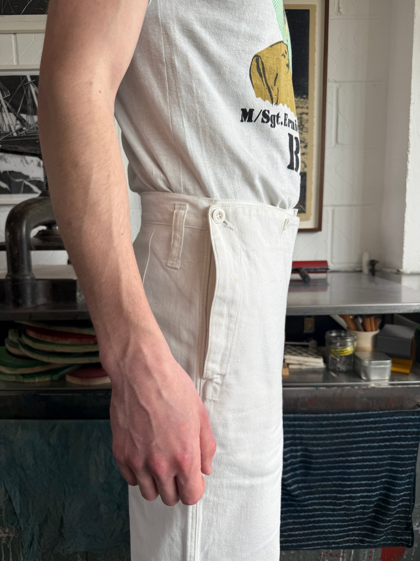 1965 DATED WHITE COTTON DENIM SAILOR TROUSERS