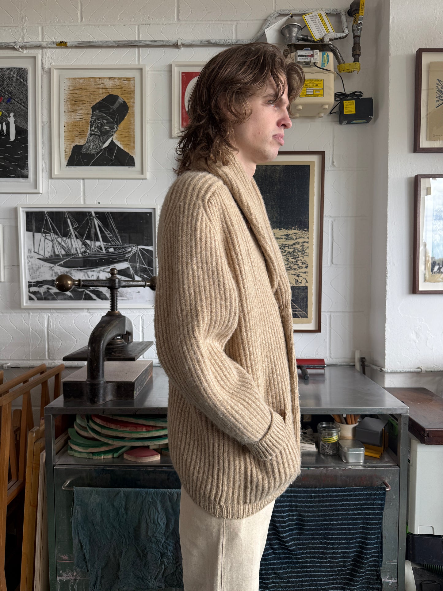 1940S SCOTTISH SHAWL COLLAR WOOL CARDIGAN