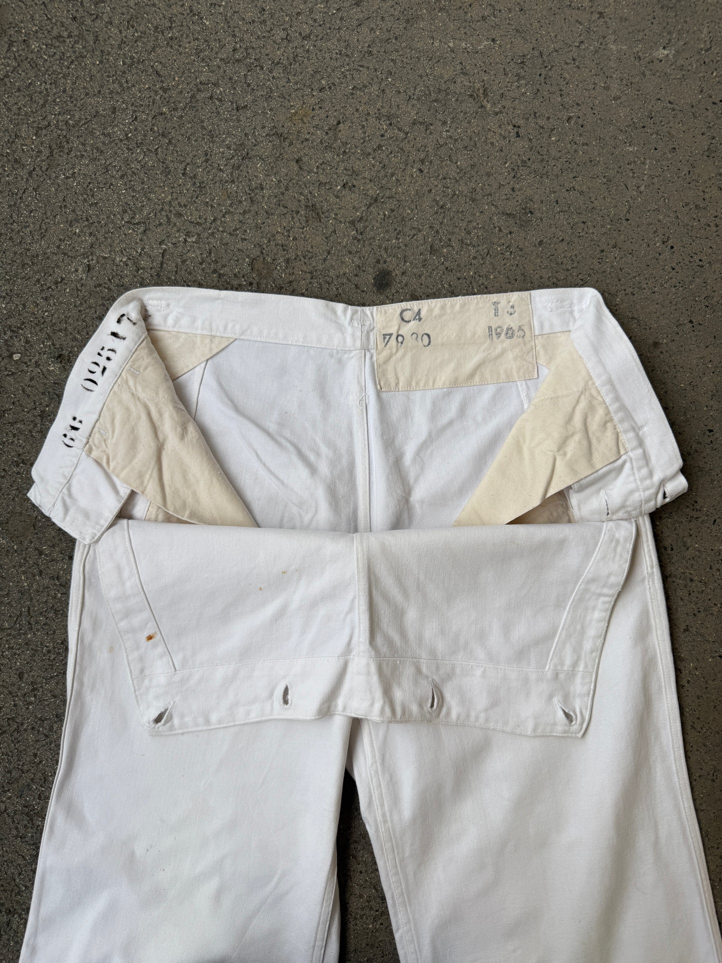 1965 DATED WHITE COTTON DENIM SAILOR TROUSERS