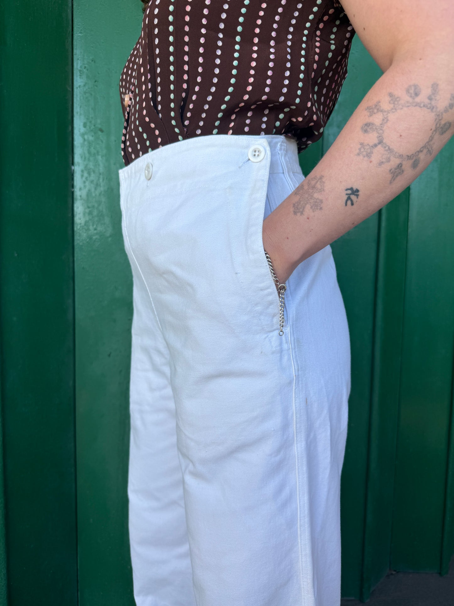 1965 DATED WHITE COTTON DENIM SAILOR TROUSERS