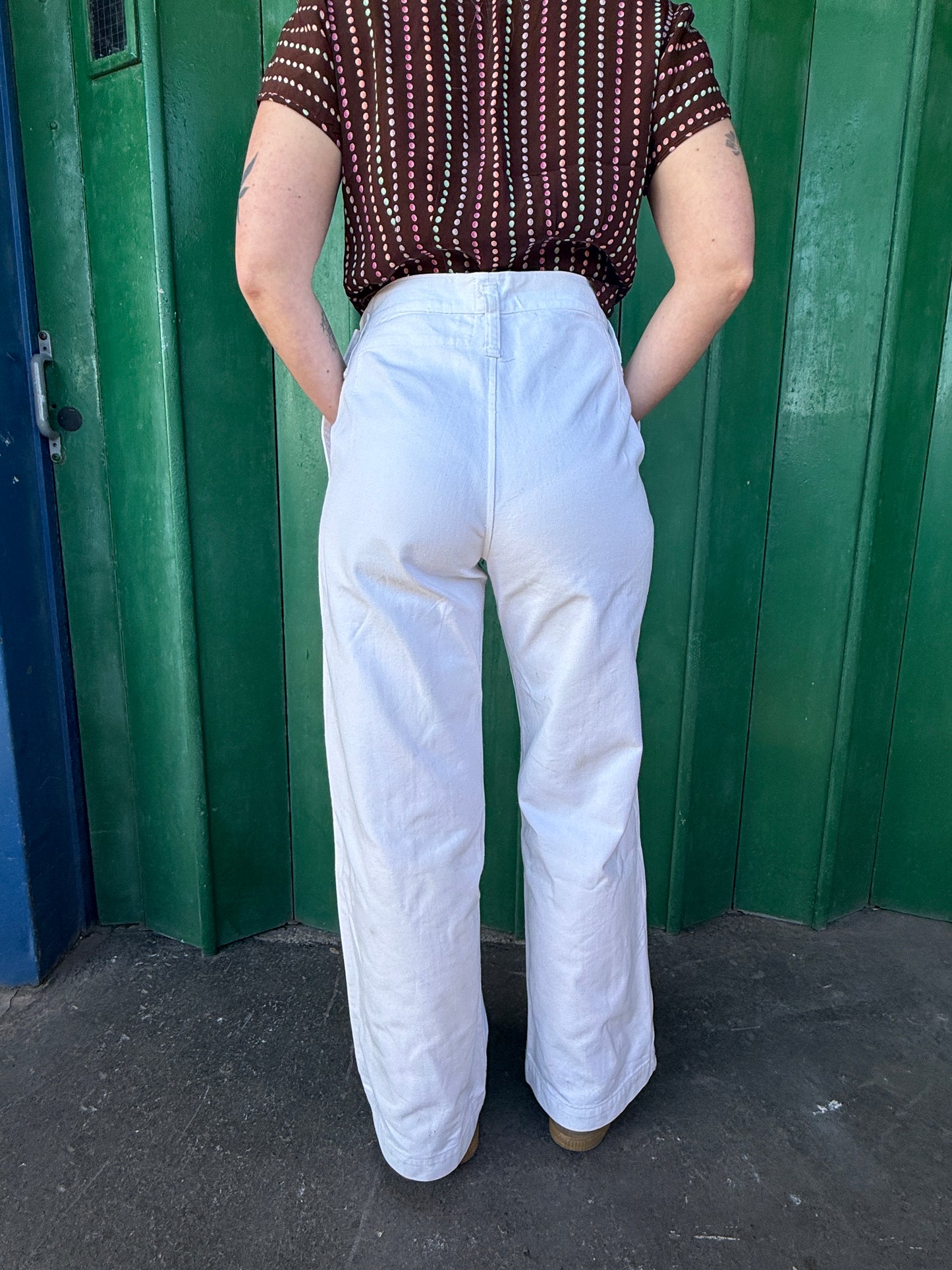 1965 DATED WHITE COTTON DENIM SAILOR TROUSERS