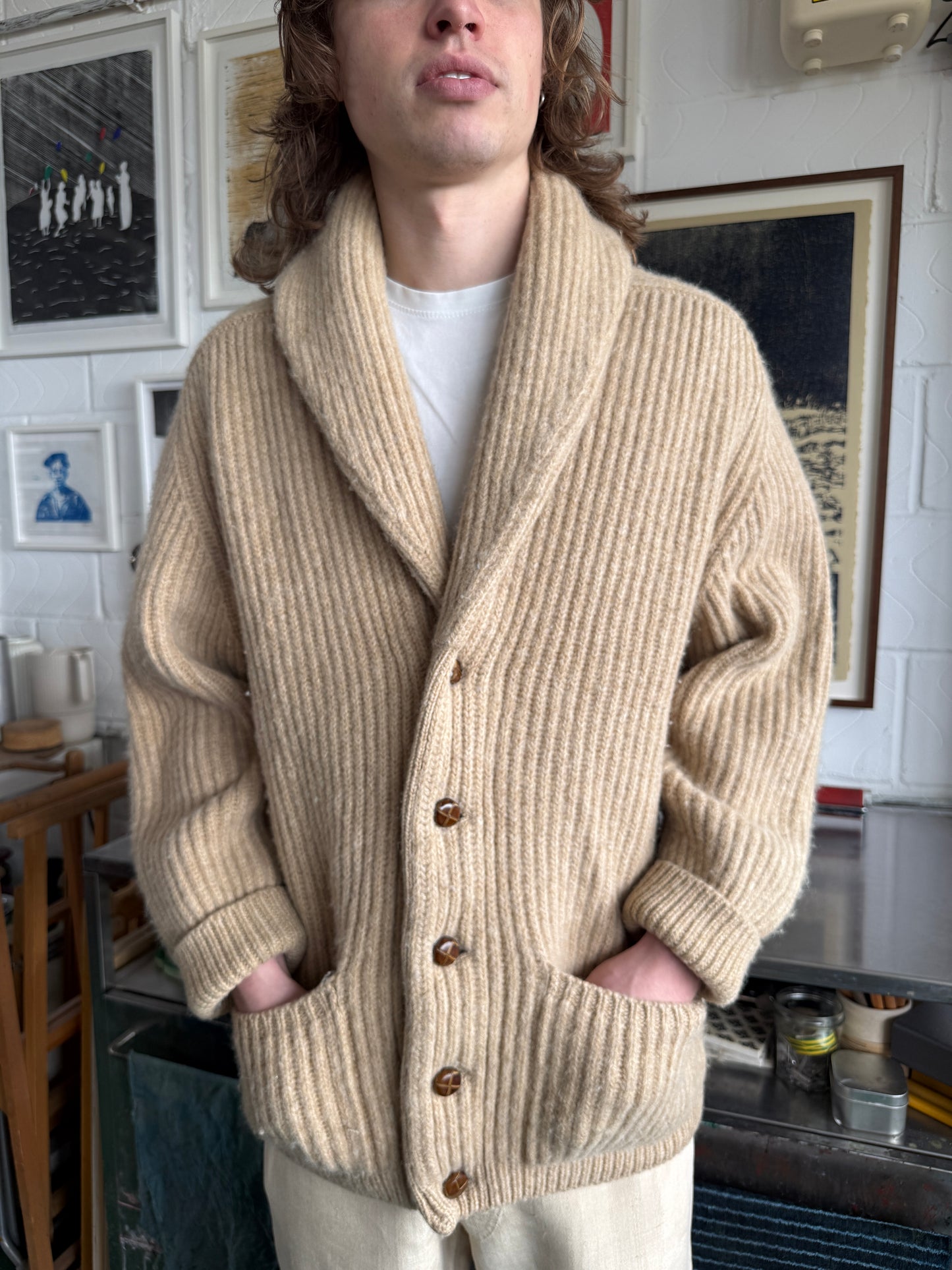 1940S SCOTTISH SHAWL COLLAR WOOL CARDIGAN